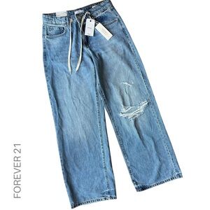 NWT | FOREVER 21 DRAWSTRING WIDE LEG BAGGY JEANS DISTRESSED | SIZE: 26